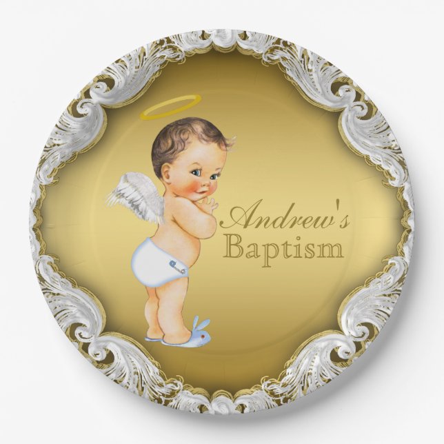 Prato De Papel Boy Dourado Angel Baptism Christening (Frente)
