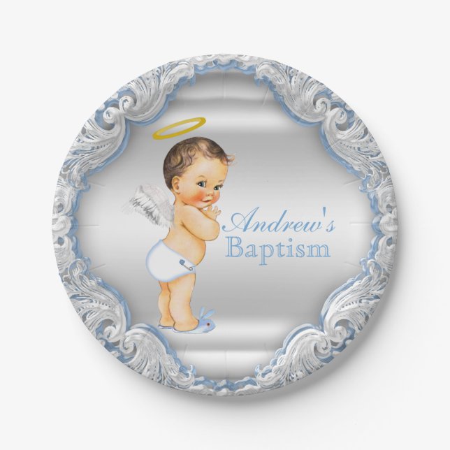 Prato De Papel Boy Silver Blue Angel Baptism (Frente)