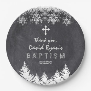 Prato De Papel Boy Winter Holiday Snowflakes Chalkboard Baptism