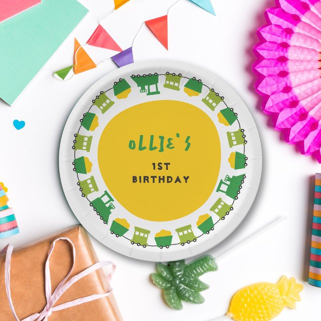 Prato De Papel Boys Toys Transport Green Train Kid Festa de anive (Boys Toys Fun Circle Transport Green Train Kid's Birthday Party Paper Plates @ fatfatin_mini_me)
