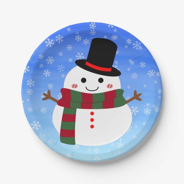 Prato De Papel Branca de Natal Snowman (Frente)