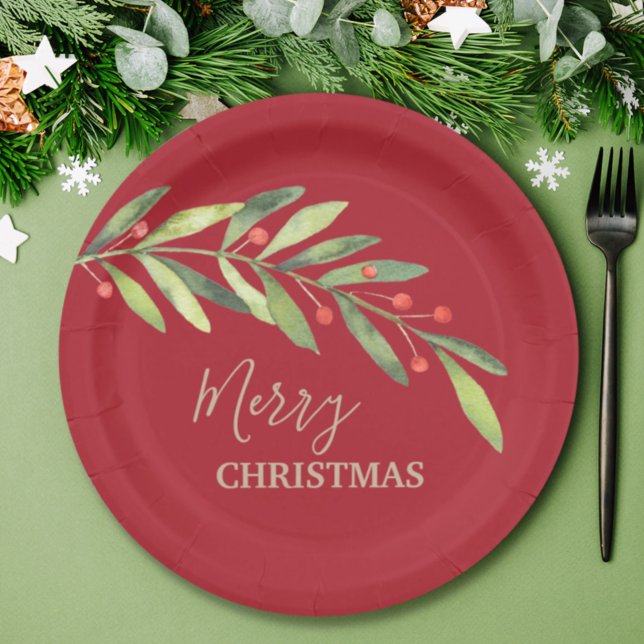 Prato De Papel Branch Berries no Red Christmas Paper Plate (Criador carregado)