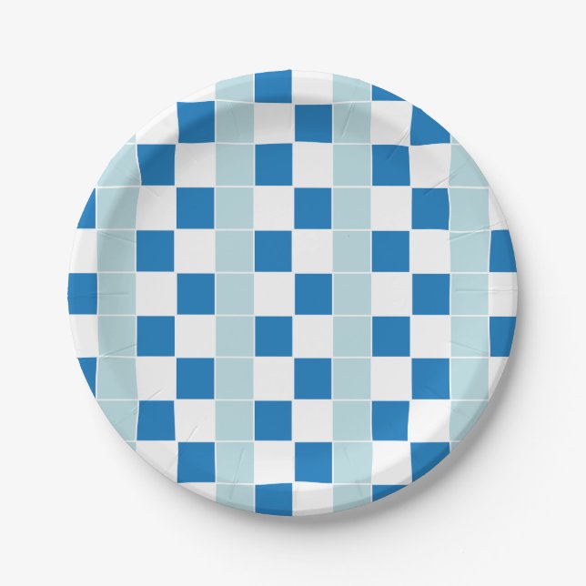 Prato De Papel Branco Azul Xadrez (Frente)