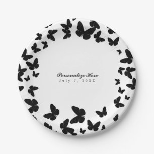 Prato De Papel Branco com Borboletas Pretas Festa Chic Personaliz