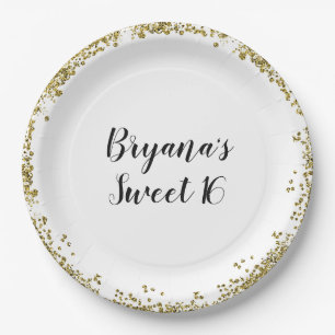Prato De Papel Branco Dourado Glitter Glam Edge Sweet 16 Festa Pe