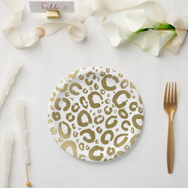 Prato De Papel Branco e Dourado Glam Estampa de Leopardo Festa (Casamento)