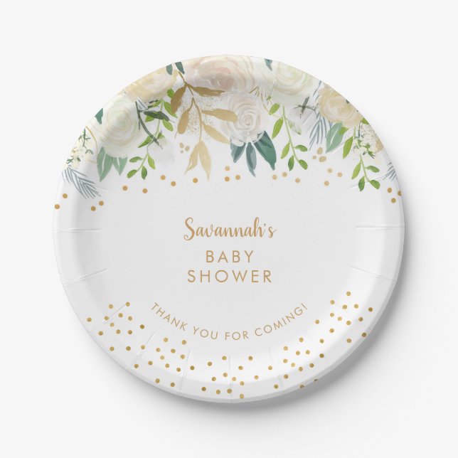 Prato De Papel Branco Floral de Cores Aquáticas + dourado confett (Frente)