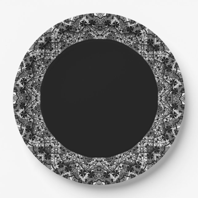 Prato De Papel Branco preto, trabalho aberto, mandala (Frente)
