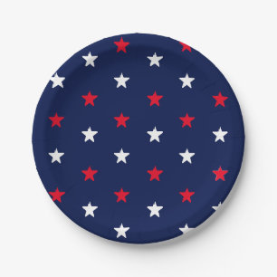 Prato De Papel branco, vermelho, estrelas, padrão azul marinho