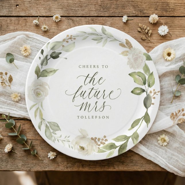 Prato De Papel Bridal Shower White Floral Greenery (Botanical watercolor flowers bridal shower paper plates in sage green for the bride to be)