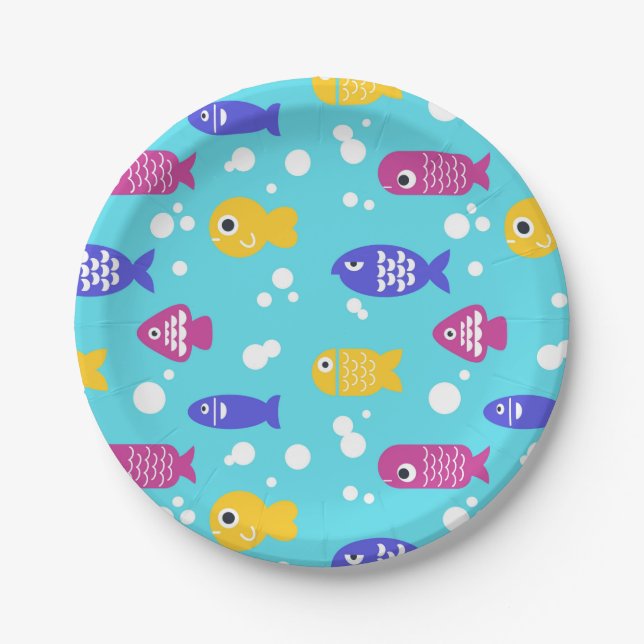 Prato De Papel Bright Colorful Cartoon Fish Pattern Blue (Frente)