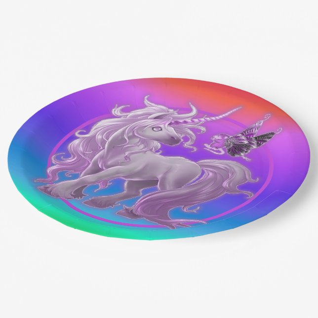Prato De Papel Bright Pastel Rainbow Pink Unicorn (Inclinado)