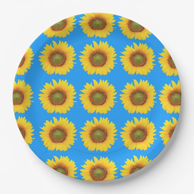 Prato De Papel Bright Sunflowers Blue Pattern (Frente)
