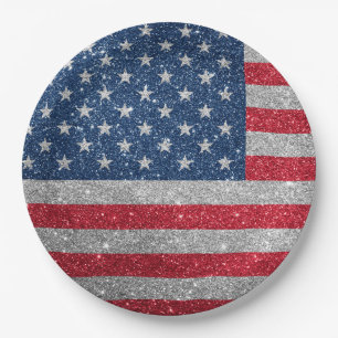Prato de Papel Brilhante Bandeira Americana Patrió