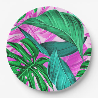 Prato De Papel Brilhante cor-de-rosa e folhas verdes