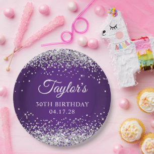 Prato De Papel Brilhante Prata Glitter Roxo Real 30º Aniversário