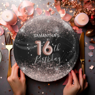 Prato De Papel Brilhante rosa moderno e preto 16º aniversário