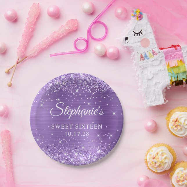 Prato De Papel Brilhante roxo e doce de folha 16 (Festa)