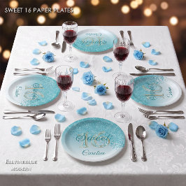 Prato De Papel Brilho Azul Teal, 16 Brilho, Aniversário de Sweet