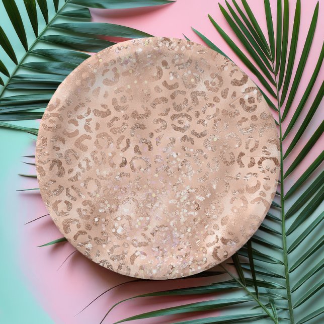 Prato De Papel Brilho Blush Dourado Rosa Impressão Leopardo Chic (Criador carregado)