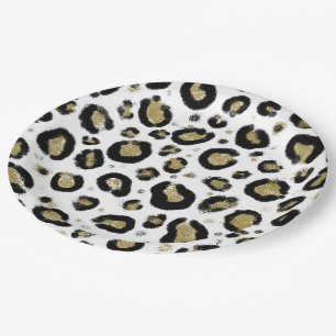 Prato De Papel Brilho de Ouro Branco e Impressão de Leopardo Pret