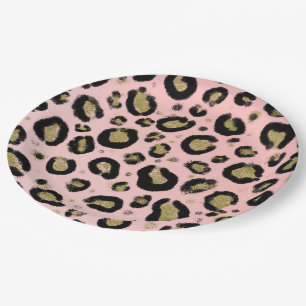 Prato De Papel Brilho de Ouro Rosa e Chuveiro de Bebê Preto Leopa