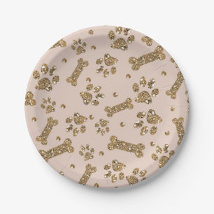 Prato De Papel Brilho Dourado Bege Rosa Pata de Osso Cachorrinho 