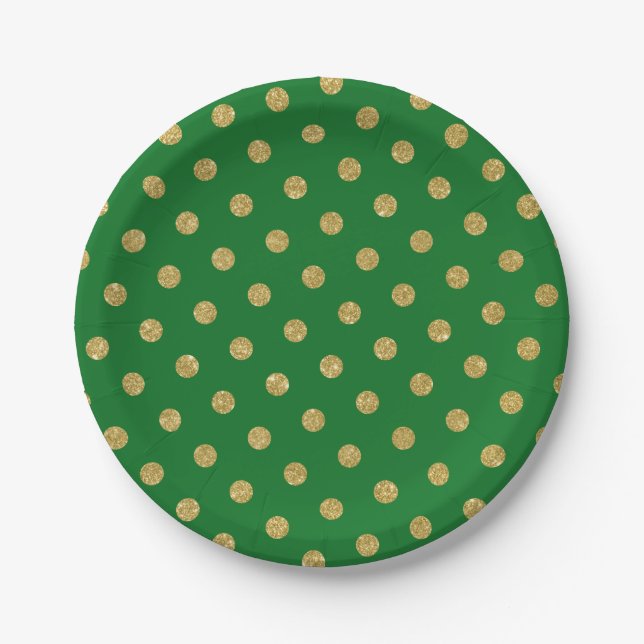 Prato De Papel Brilho Dourado Chic Bolinhas Verde (Frente)