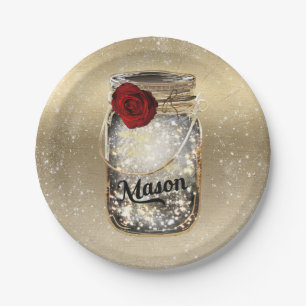 Prato De Papel Brilho Dourado Glam Rosa Vermelha Jarro de Mason F