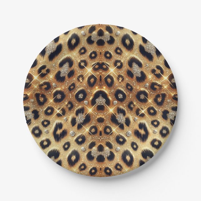 Prato De Papel Brilho Glamour Ouro Estampa Leopardo Cheetah Preto (Frente)
