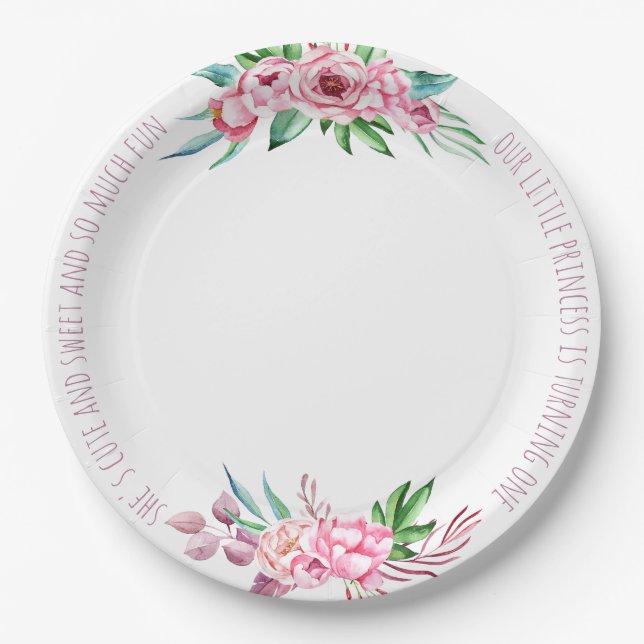 Prato De Papel Brincadeiras Rosa Brincadeiras Floral Primeira Gar (Frente)