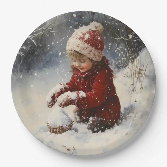 Prato De Papel Brincando na neve (Frente)