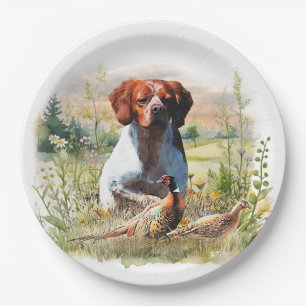 Prato De Papel Brittany Spaniel – Campo, Foco, Faisão, Arte