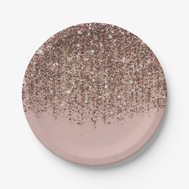 Prato De Papel Bronze Dourado Glitter Rosa Glam Festa (Frente)