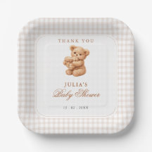 Brown Gingham Teddy Bear Neutral Baby Shower Paper
