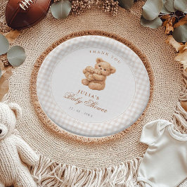 Prato De Papel Brown Gingham Teddy Bear Neutral Baby Shower Paper