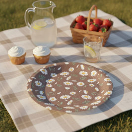 Prato De Papel  Brown Paper Plate with Daisy Flowers - Birthday 