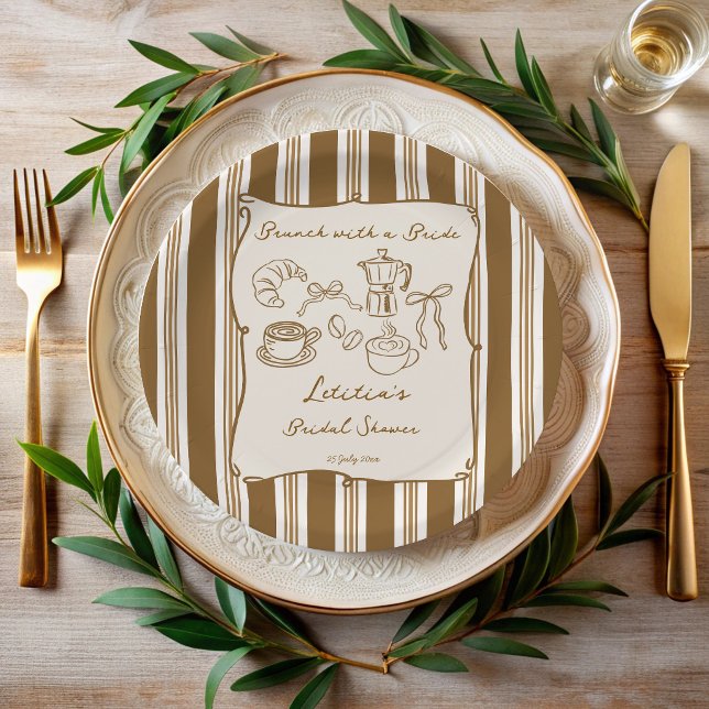 Prato De Papel Brunch com a noiva café retrô chá de noiva de casa (Brunch with bride vintage brown retro stripes hand drawn coffee bridal shower custom paper plates)