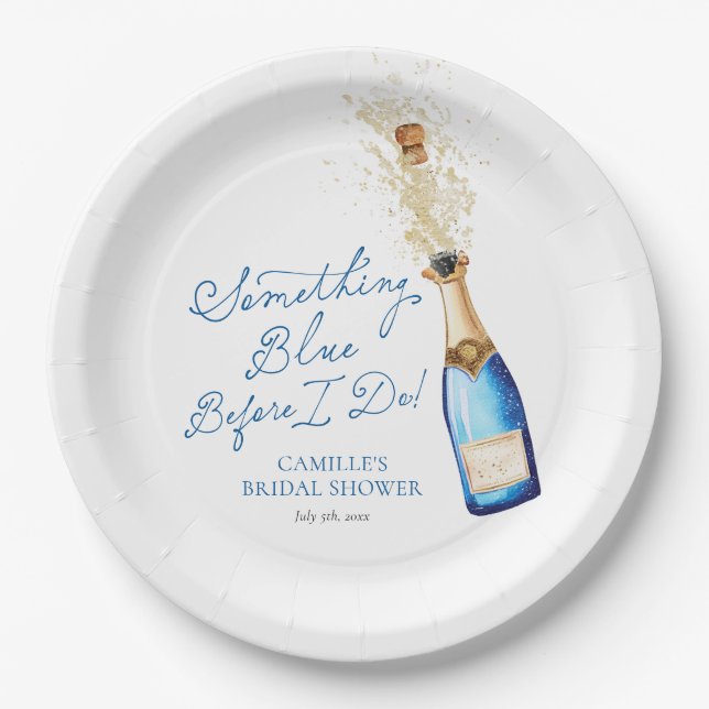 Prato De Papel Brunch de Noiva com Champanhe Algo Azul (Frente)