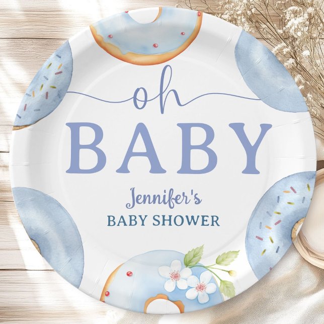 Prato De Papel Brunch para Chá de Bebê com Donuts Azuis  (Criador carregado)