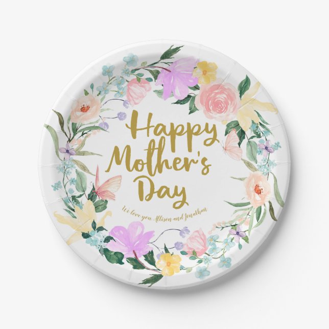 Prato De Papel Brunch Personalizado de Flores para o Dia das Mães (Frente)