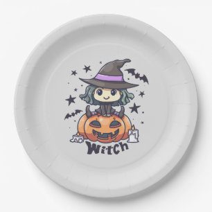 Prato De Papel Bruxa Bonita em um Jack-O-Lanterna