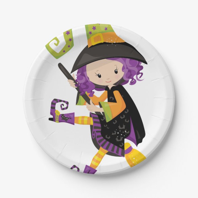 Prato De Papel Bruxa bonito de Lil com cabelo roxo em um (Frente)