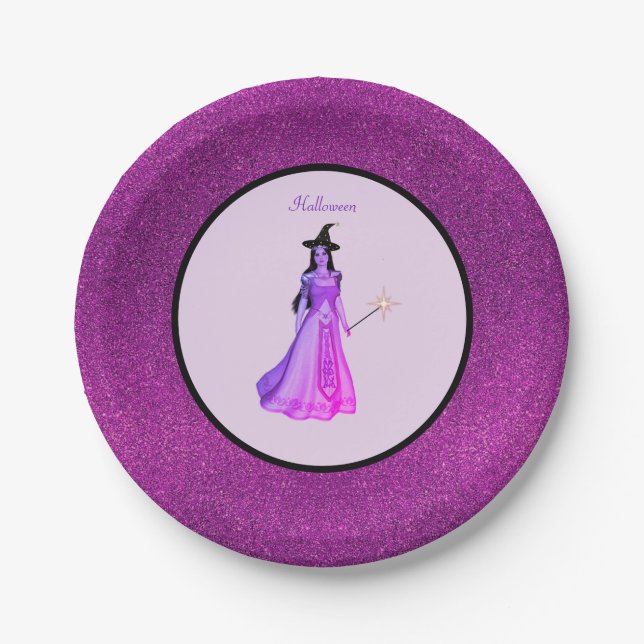 Prato De Papel Bruxa chic de Halloween em violeta e roxo brilhant (Frente)