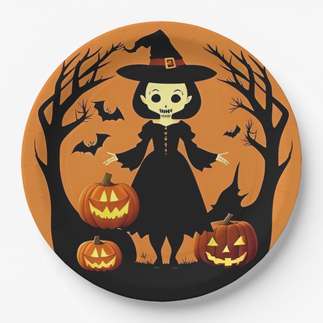 Prato De Papel Bruxa de Halloween com Abóboras em Cenário Assusta (Frente)