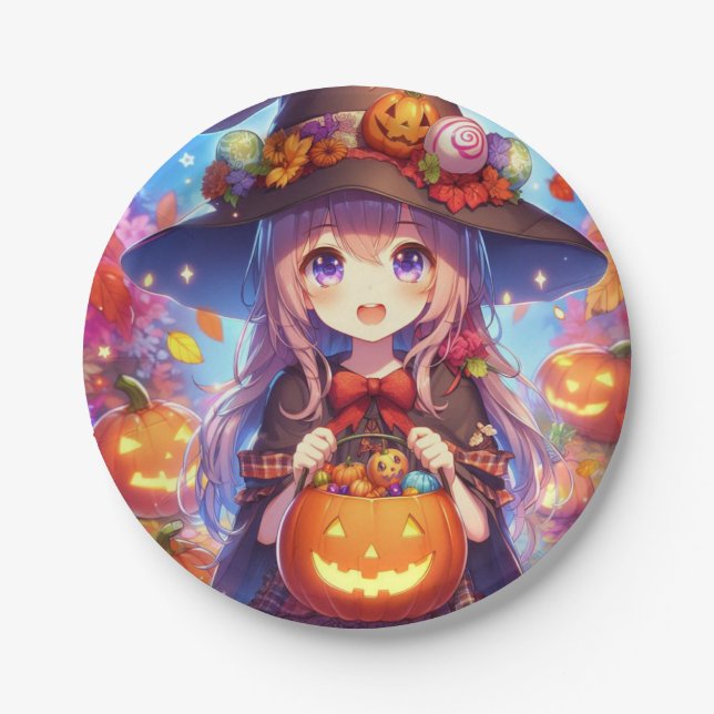 Prato De Papel Bruxa do Halloween do Anime Bonito (Frente)