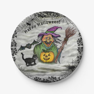 Prato De Papel Bruxa, Gato, Bat e Pumpkin, Feliz Halloween!