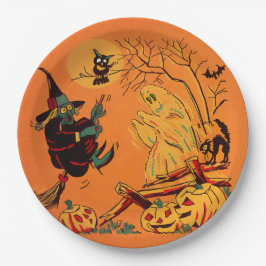 Prato De Papel Bruxa Laranja Retro Halloween