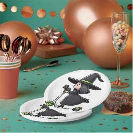 Prato De Papel Bruxa Rapariga com Gato soltando um Patinete