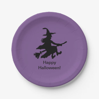 Prato De Papel Bruxa Voadora - Roxo - Feliz Halloween -